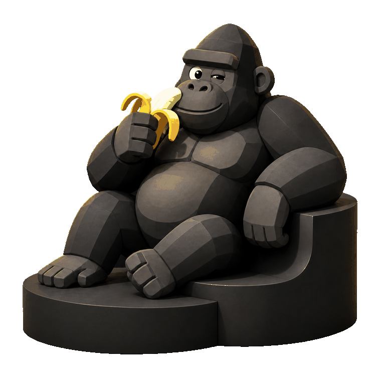 A cartoon gorilla eats a banana, throws it away, and catches a new one.